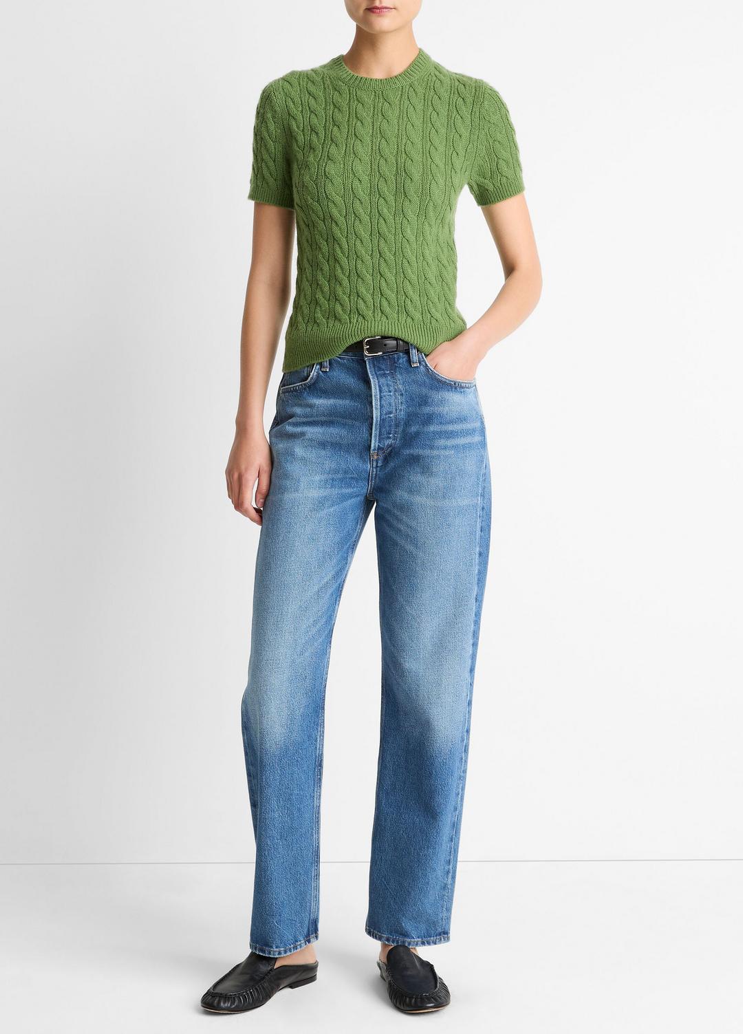 VINCE Cable-Knit Wool & Cashmere-Blend Short-Sleeve Sweater in Crew Neck
