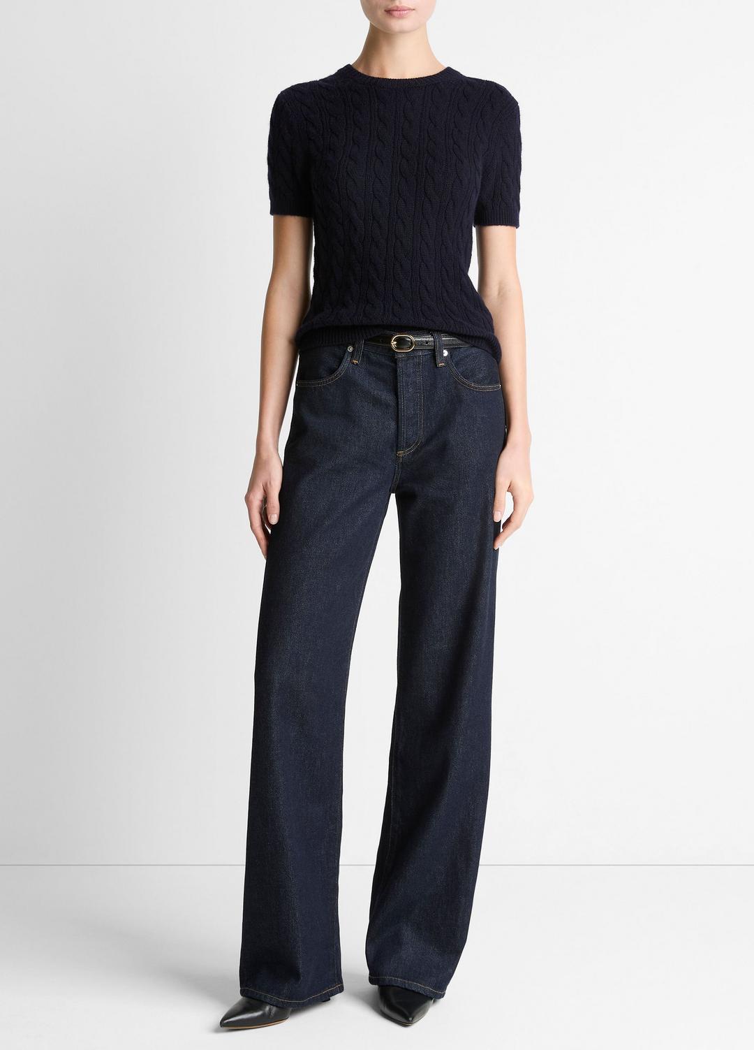 VINCE Cable-Knit Wool & Cashmere-Blend Short-Sleeve Sweater in Crew Neck