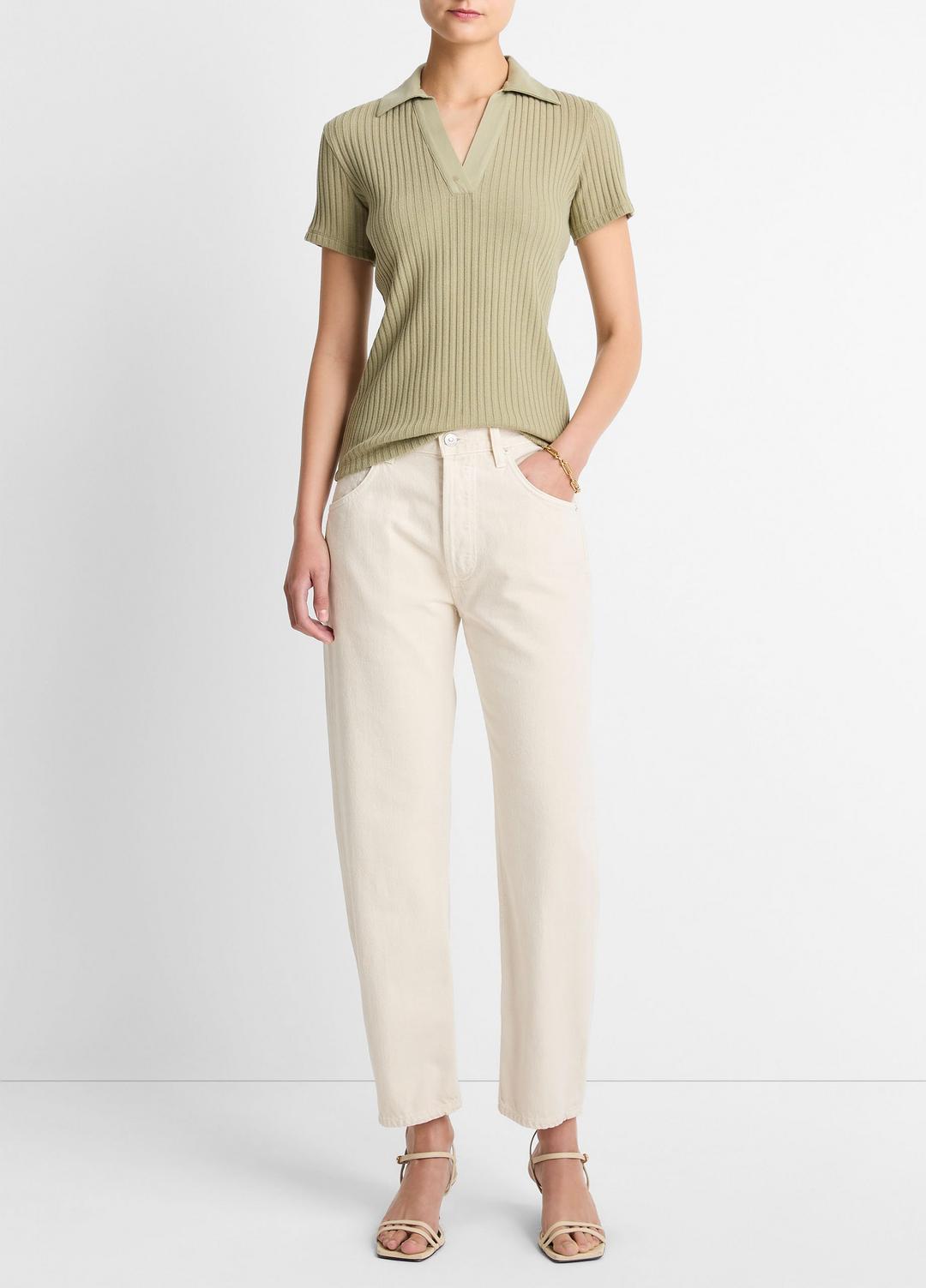 VINCE Ribbed Cotton-Blend Polo Shirt in Short Sleeve