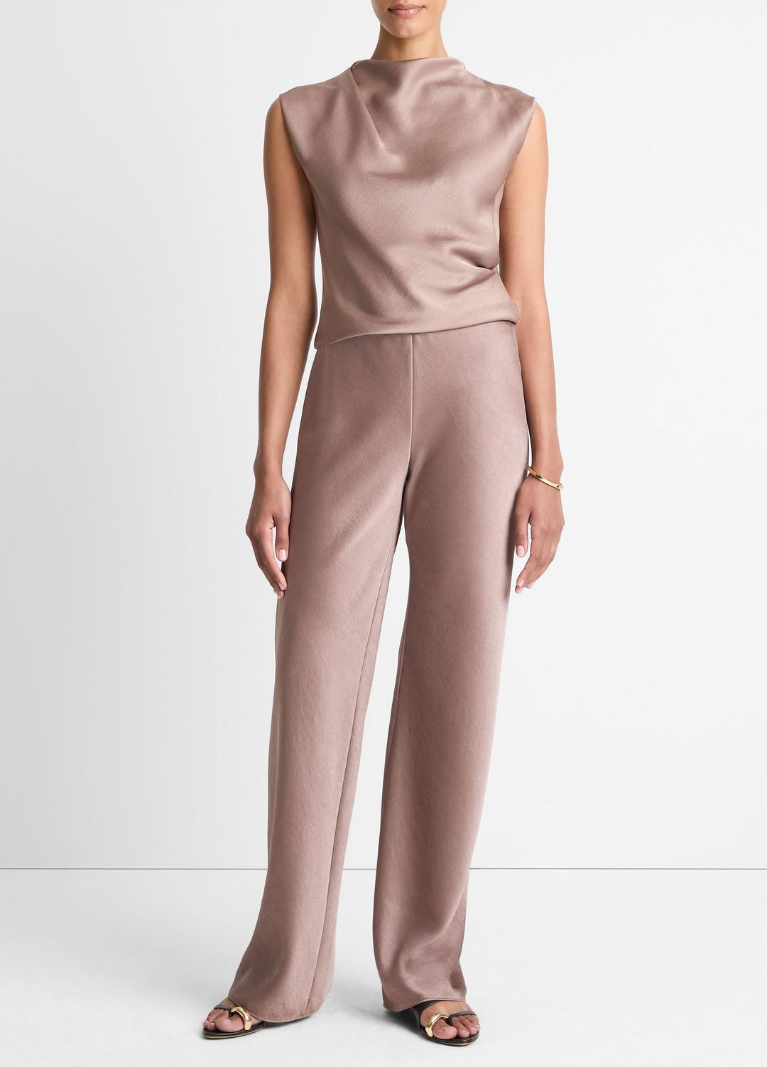 VINCE Satin Draped Cowl-Neck Top in Tank Tops