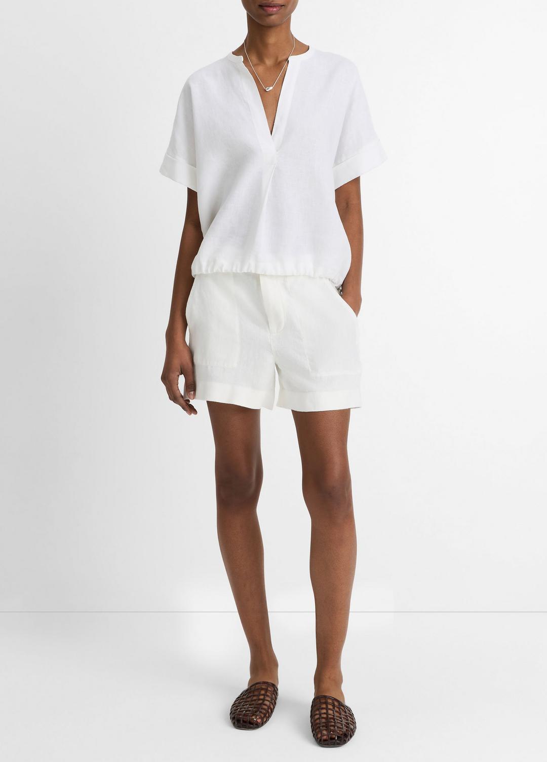 VINCE Linen Drawcord-Hem Blouse in Short Sleeve