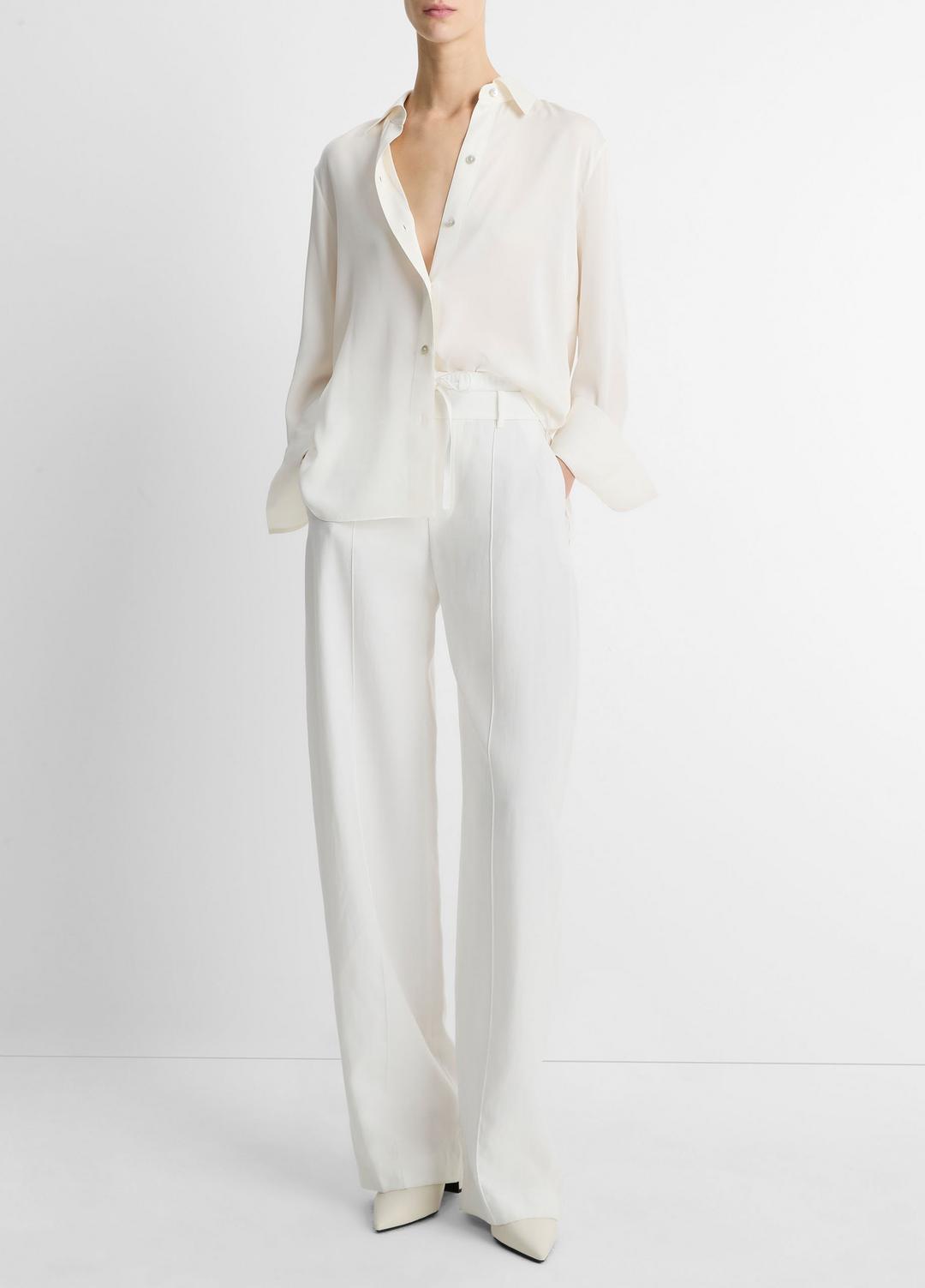 VINCE Stretch-Silk Button-Front Blouse in Long Sleeve