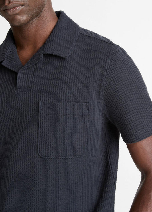 VINCE Seersucker-Knit Stretch-Cotton Short-Sleeve Johnny-Collar Shirt in Short Sleeve