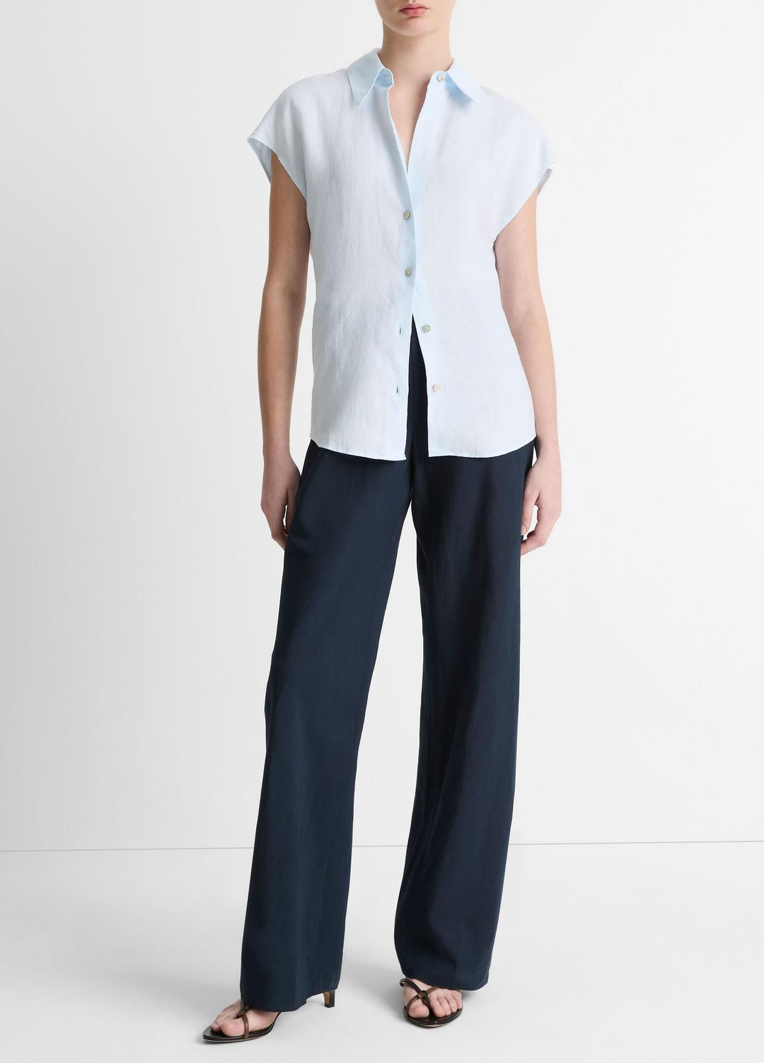 VINCE Linen Cap-Sleeve Button-Front Blouse in Shirts & Tees
