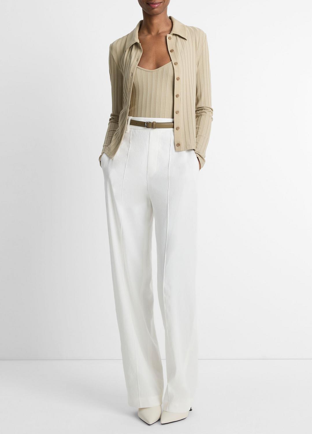 VINCE Ribbed Collared Long-Sleeve Button-Front Top in Shirts & Tees