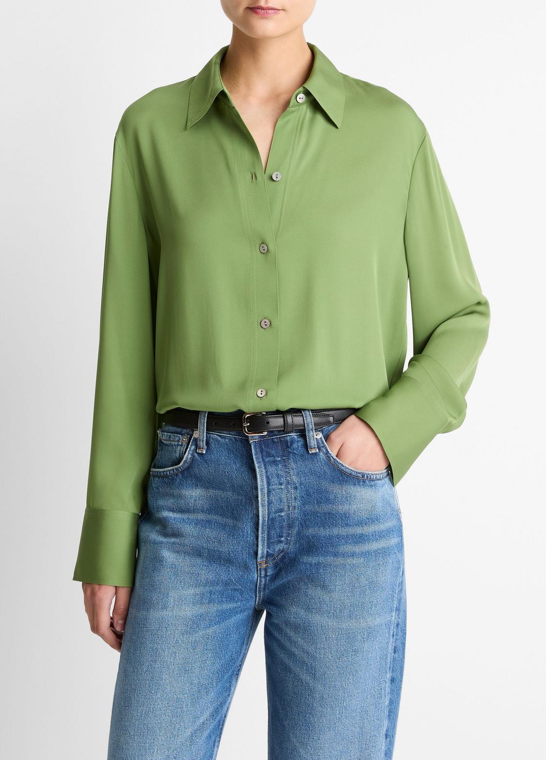 VINCE Stretch-Silk Button-Front Blouse in Long Sleeve