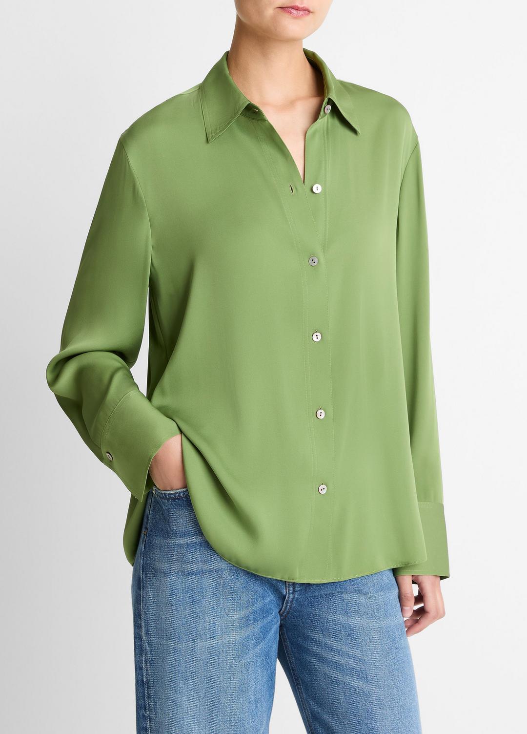 VINCE Stretch-Silk Button-Front Blouse in Long Sleeve