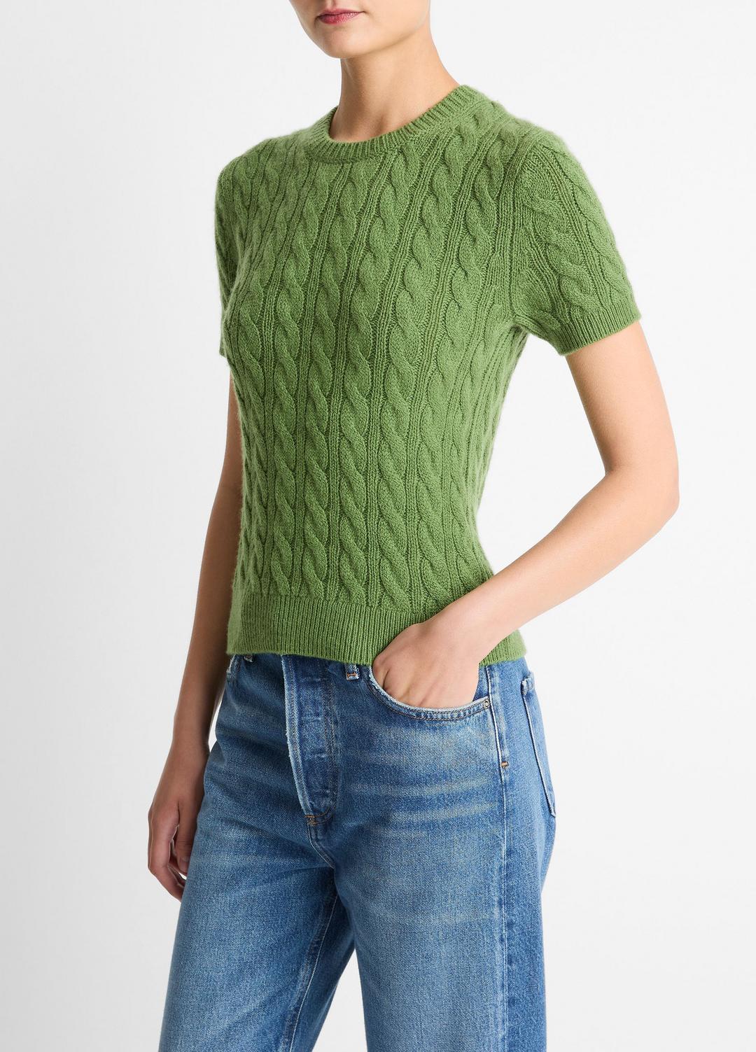 VINCE Cable-Knit Wool & Cashmere-Blend Short-Sleeve Sweater in Crew Neck
