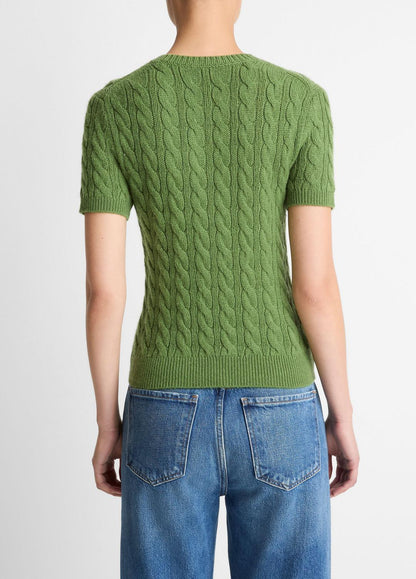 VINCE Cable-Knit Wool & Cashmere-Blend Short-Sleeve Sweater in Crew Neck