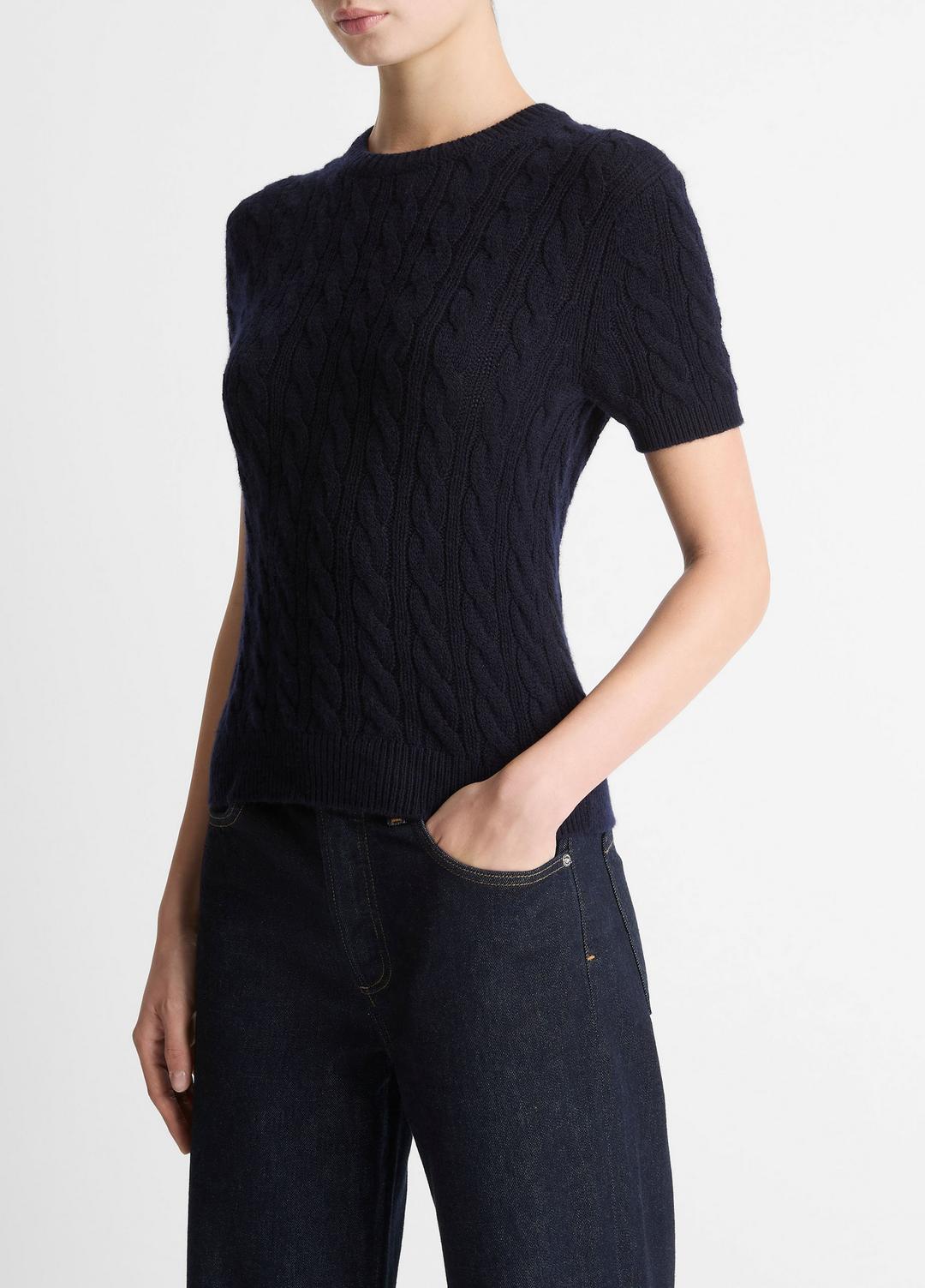 VINCE Cable-Knit Wool & Cashmere-Blend Short-Sleeve Sweater in Crew Neck
