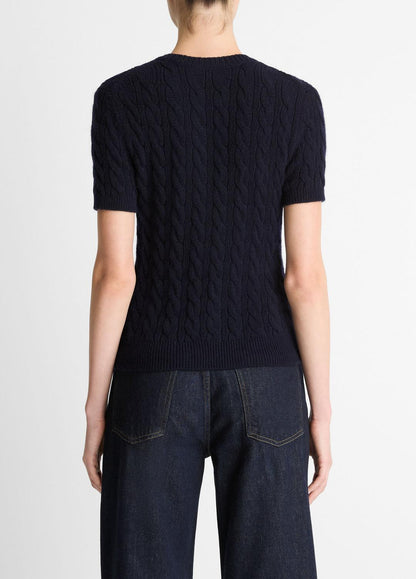 VINCE Cable-Knit Wool & Cashmere-Blend Short-Sleeve Sweater in Crew Neck