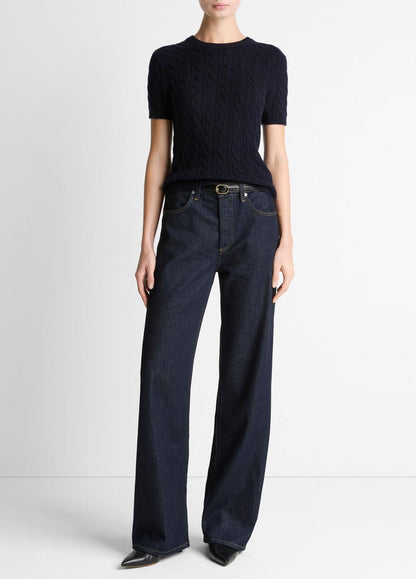 VINCE Cable-Knit Wool & Cashmere-Blend Short-Sleeve Sweater in Crew Neck
