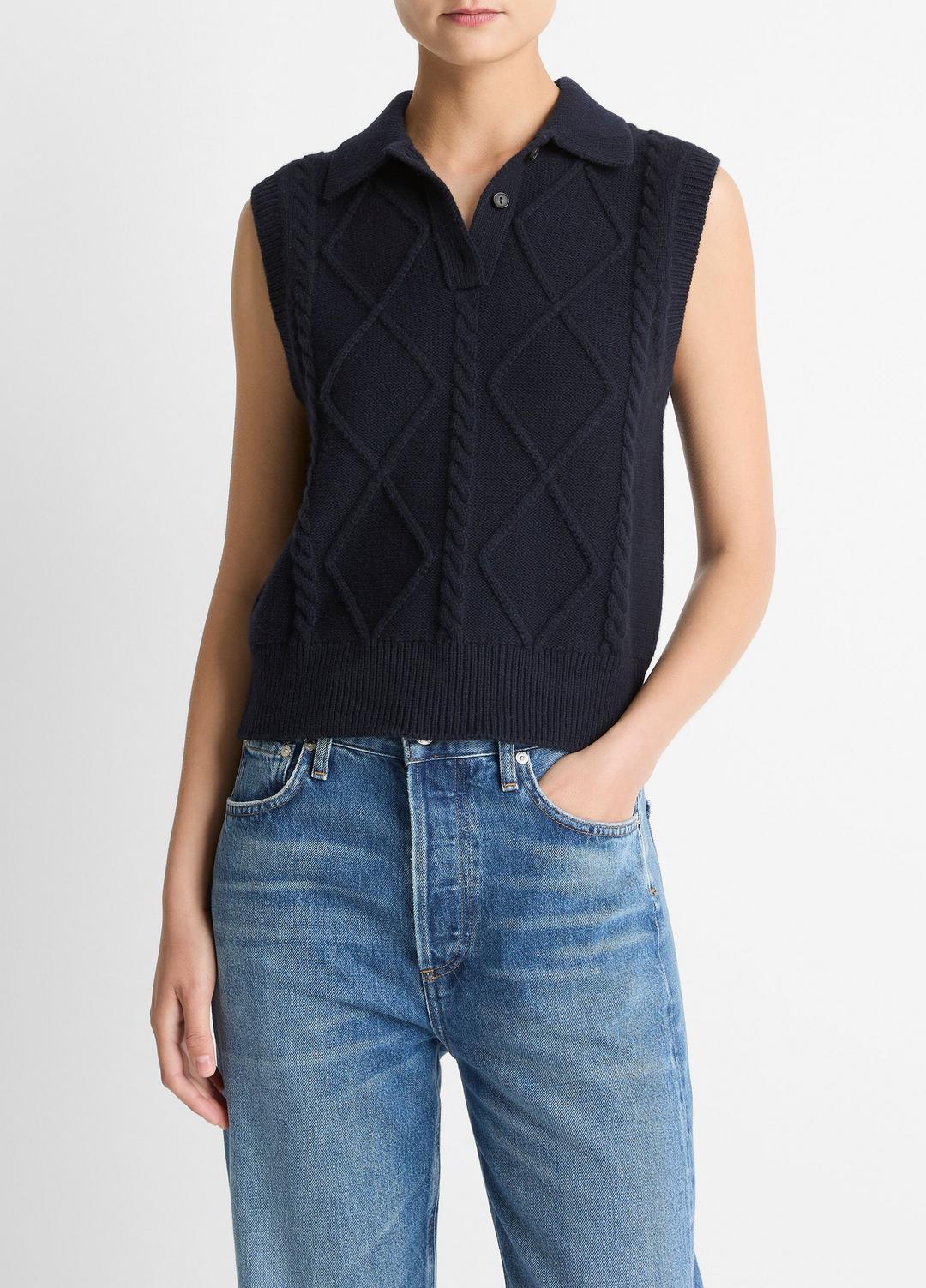 VINCE Cable-Knit Wool & Cotton-Blend Sweater Vest in V-Neck