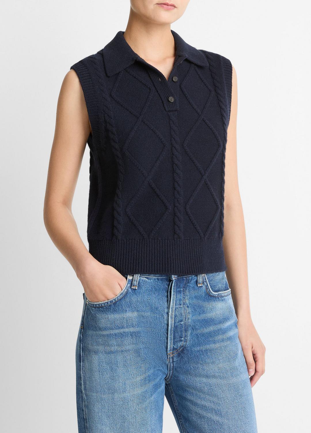 VINCE Cable-Knit Wool & Cotton-Blend Sweater Vest in V-Neck