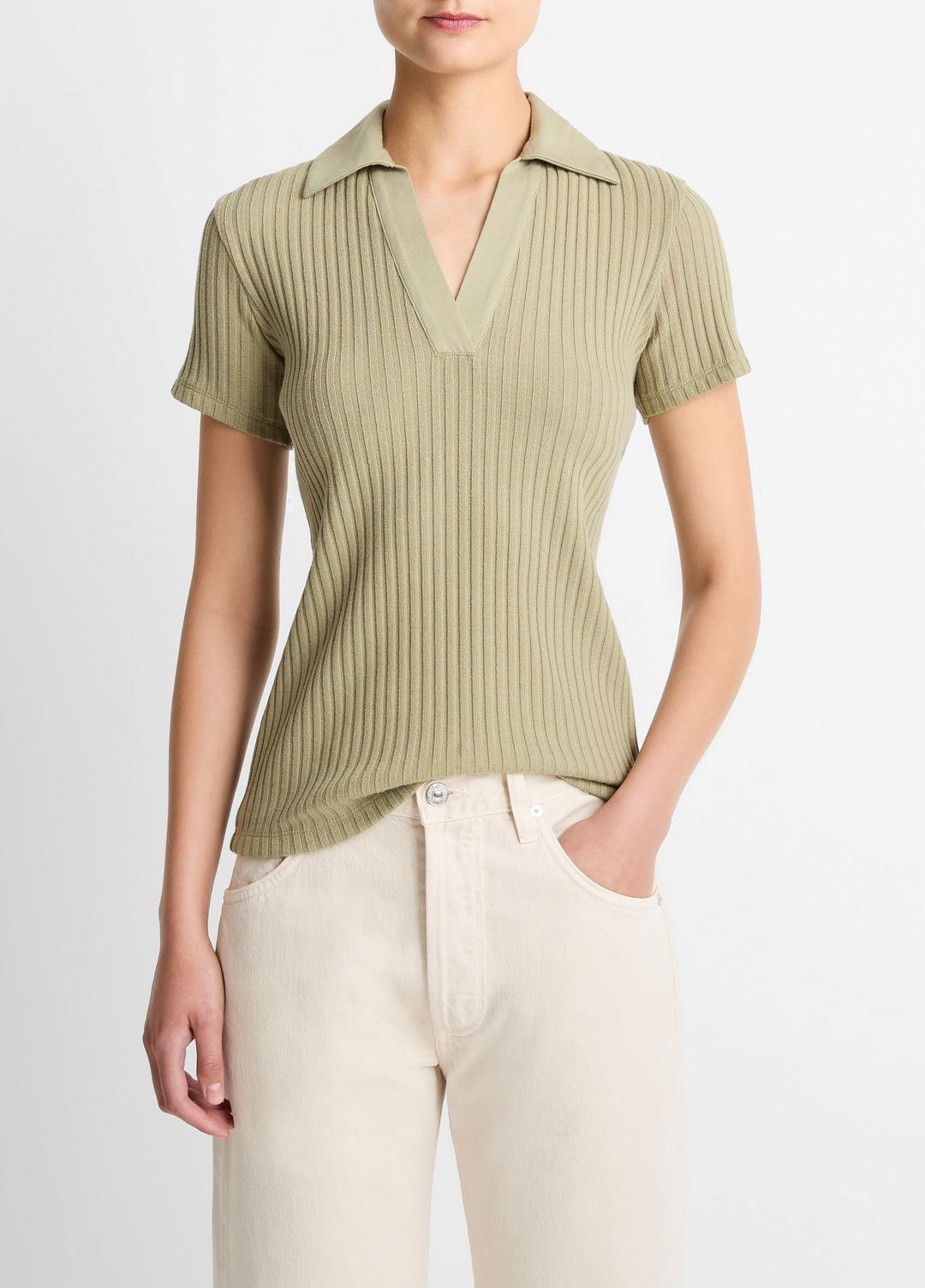 VINCE Ribbed Cotton-Blend Polo Shirt in Short Sleeve