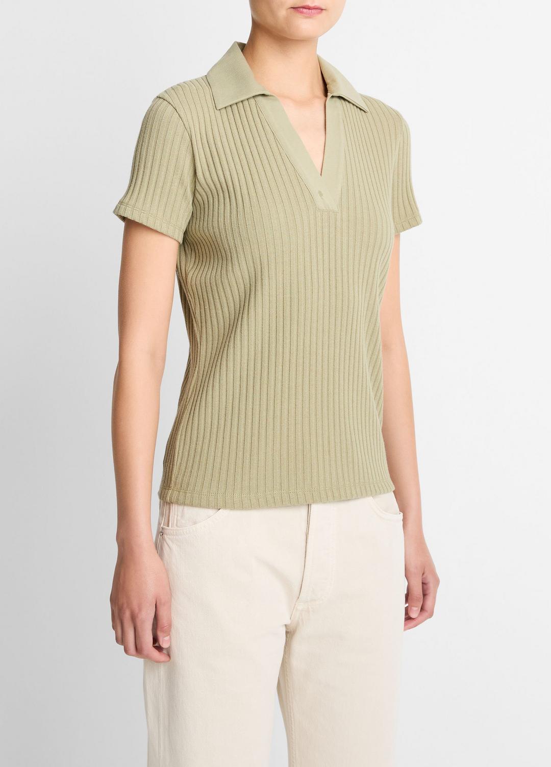 VINCE Ribbed Cotton-Blend Polo Shirt in Short Sleeve