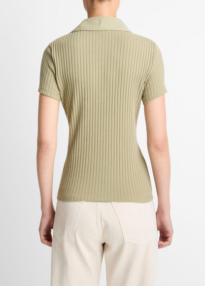 VINCE Ribbed Cotton-Blend Polo Shirt in Short Sleeve