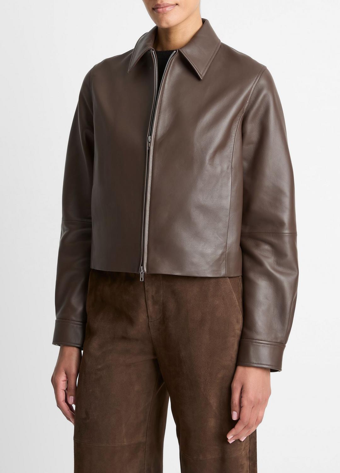 VINCE Leather Cropped Zip-Front Jacket in Leather Jackets