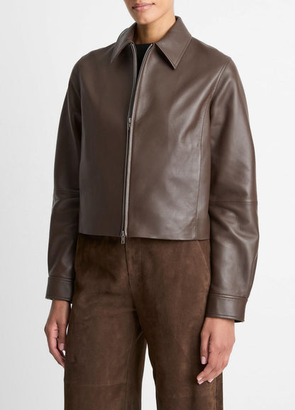 VINCE Leather Cropped Zip-Front Jacket in Leather Jackets