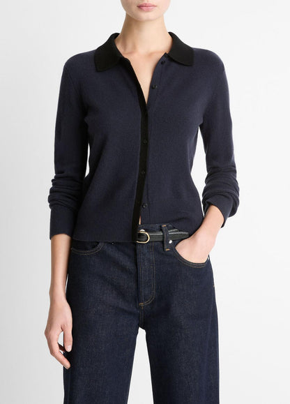 VINCE Contrast-Trim Wool & Cashmere-Blend Collared Cardigan in Cardigans