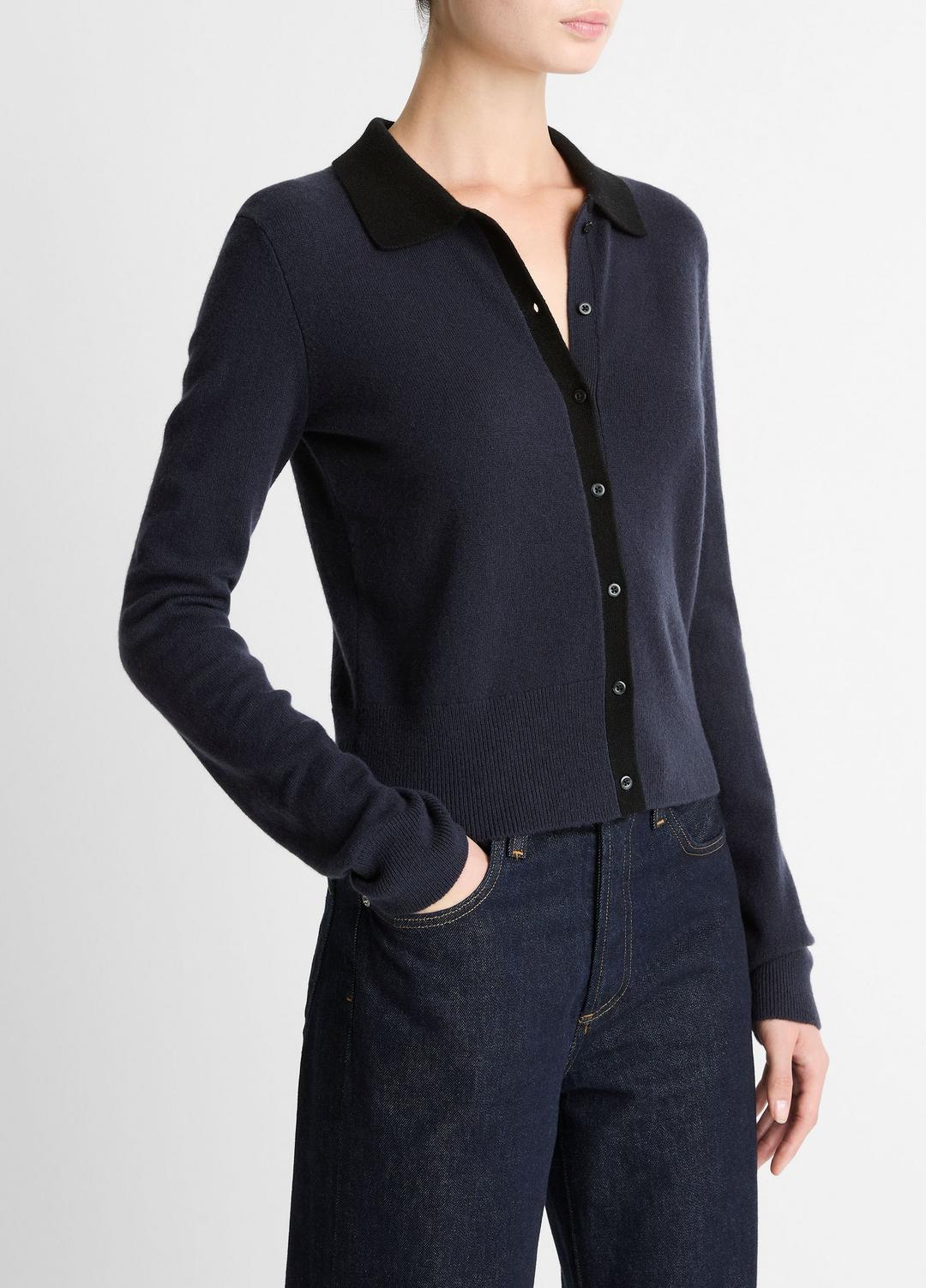VINCE Contrast-Trim Wool & Cashmere-Blend Collared Cardigan in Cardigans