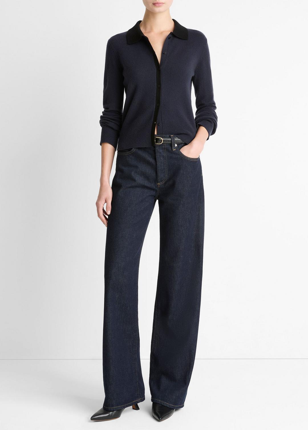 VINCE Contrast-Trim Wool & Cashmere-Blend Collared Cardigan in Cardigans