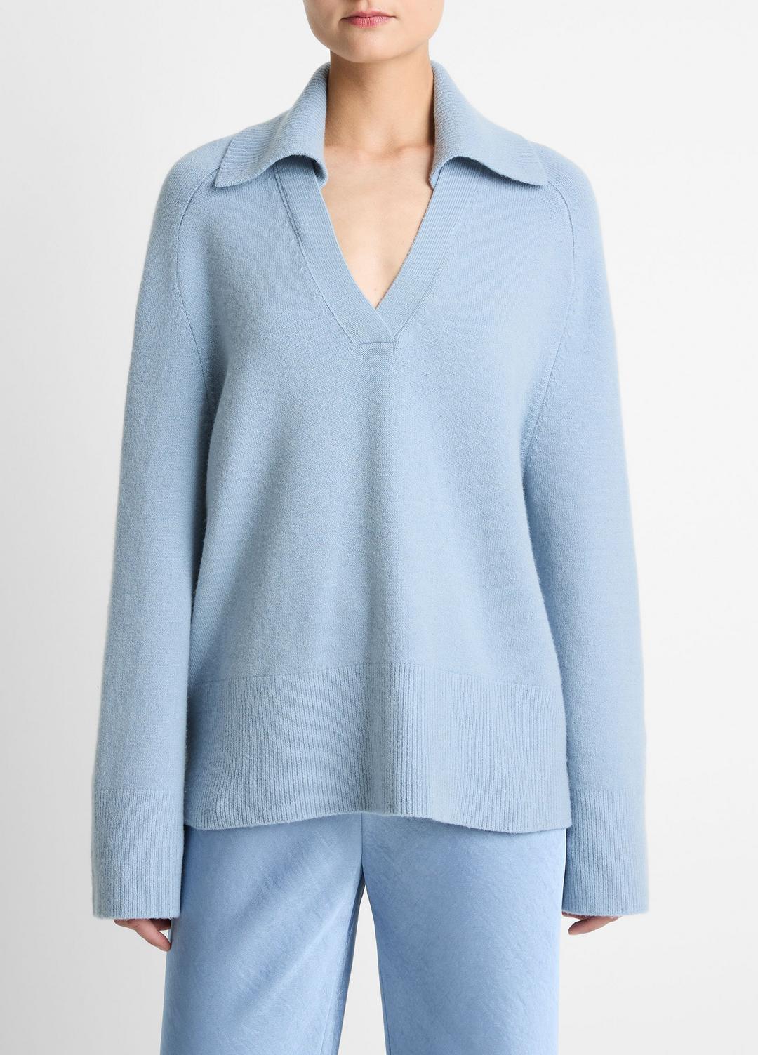 VINCE Wool & Cashmere-Blend Oversized Polo Sweater in V-Neck