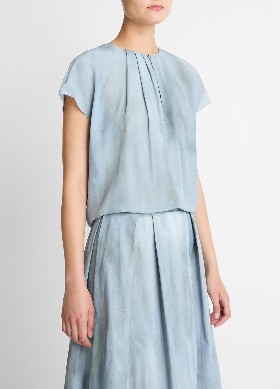 VINCE Washed Ombré Silk Gathered Cap-Sleeve Blouse in Short Sleeve