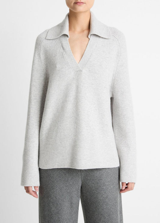 VINCE Wool & Cashmere-Blend Oversized Polo Sweater in V-Neck