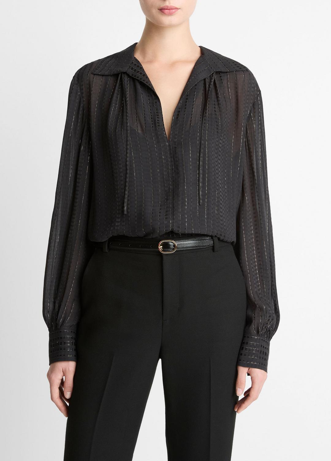 VINCE Metallic-Stripe Gathered Blouse in Long Sleeve