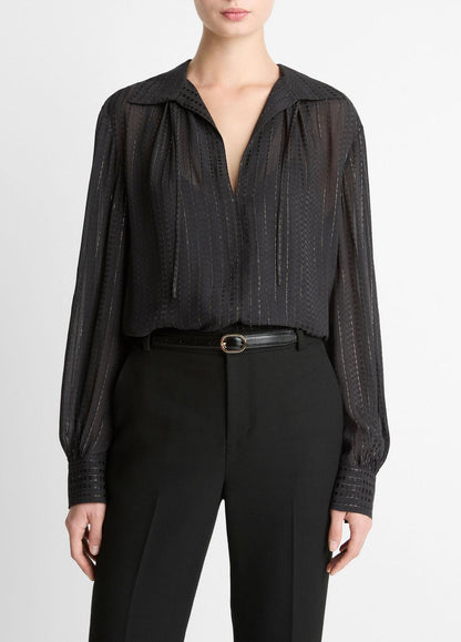 VINCE Metallic-Stripe Gathered Blouse in Long Sleeve