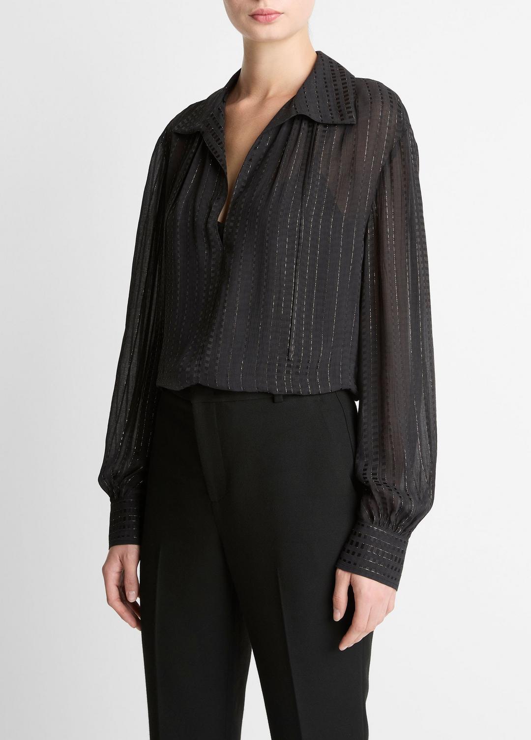 VINCE Metallic-Stripe Gathered Blouse in Long Sleeve