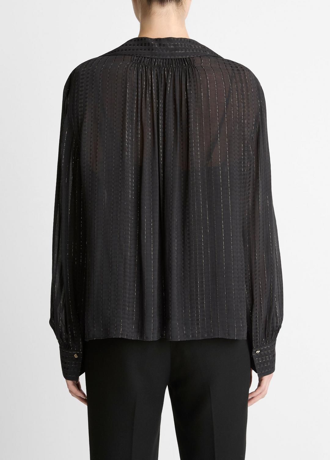 VINCE Metallic-Stripe Gathered Blouse in Long Sleeve