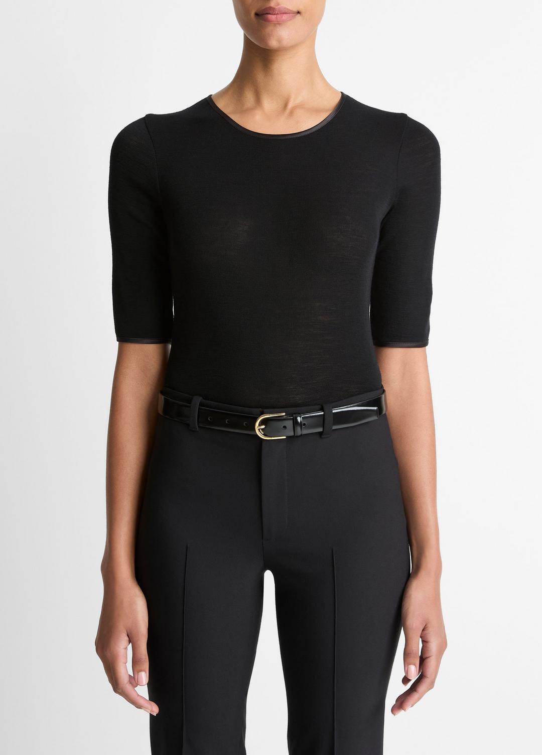 VINCE Satin-Trim Wool Elbow-Sleeve T-Shirt in Short Sleeve