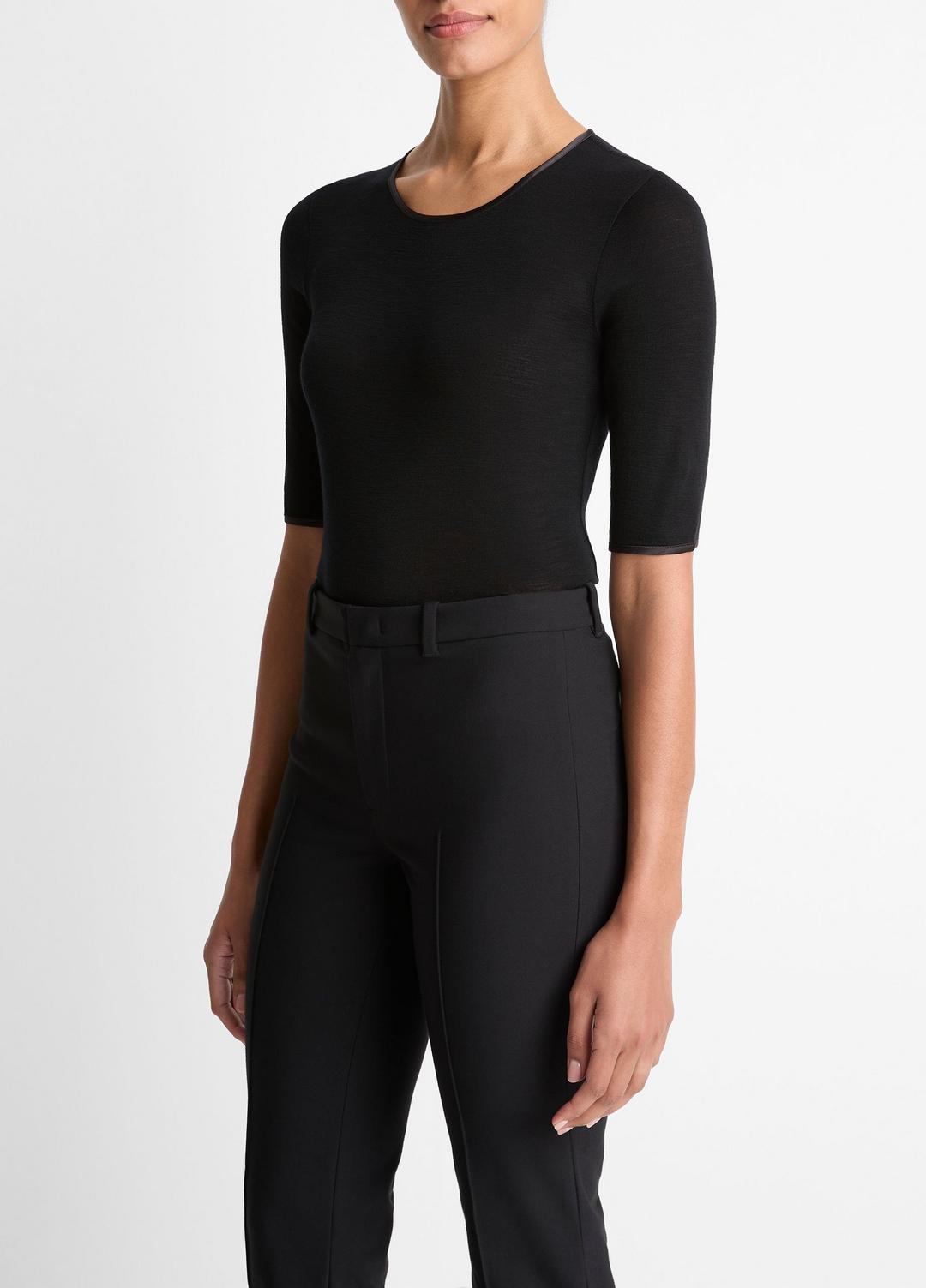 VINCE Satin-Trim Wool Elbow-Sleeve T-Shirt in Short Sleeve