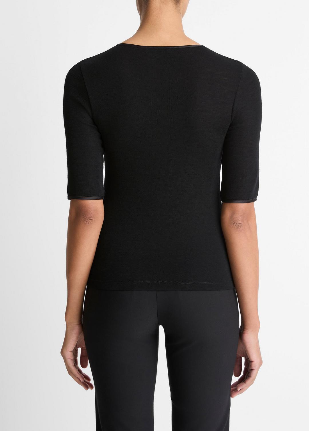 VINCE Satin-Trim Wool Elbow-Sleeve T-Shirt in Short Sleeve
