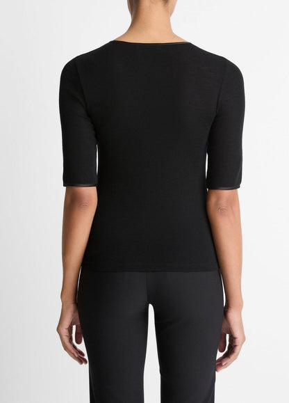 VINCE Satin-Trim Wool Elbow-Sleeve T-Shirt in Short Sleeve