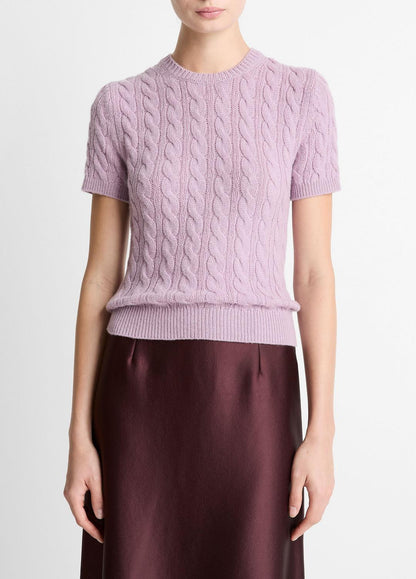 VINCE Cable-Knit Wool & Cashmere-Blend Short-Sleeve Sweater in Crew Neck