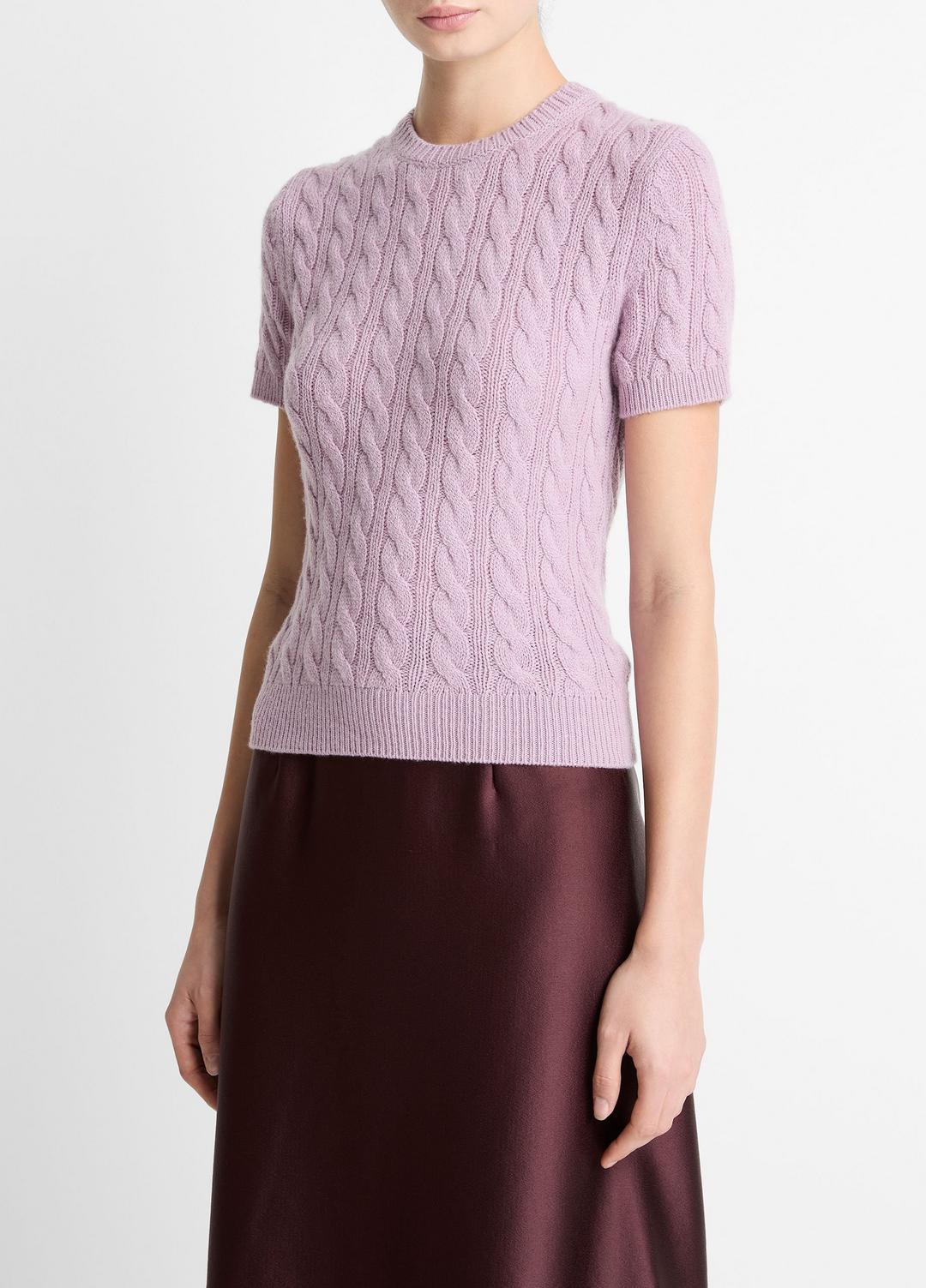 VINCE Cable-Knit Wool & Cashmere-Blend Short-Sleeve Sweater in Crew Neck