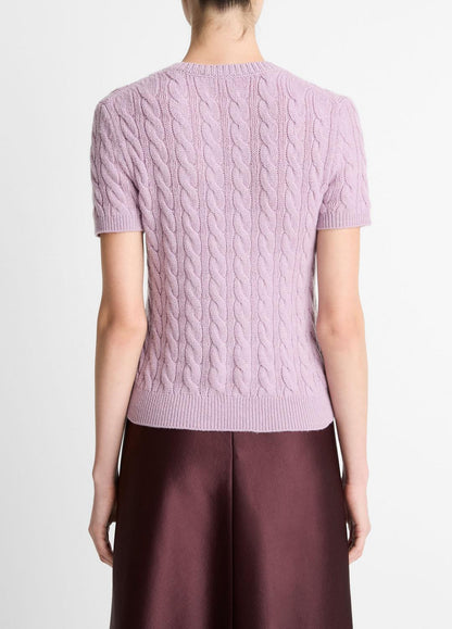 VINCE Cable-Knit Wool & Cashmere-Blend Short-Sleeve Sweater in Crew Neck
