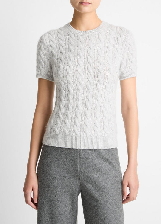 VINCE Cable-Knit Wool & Cashmere-Blend Short-Sleeve Sweater in Crew Neck