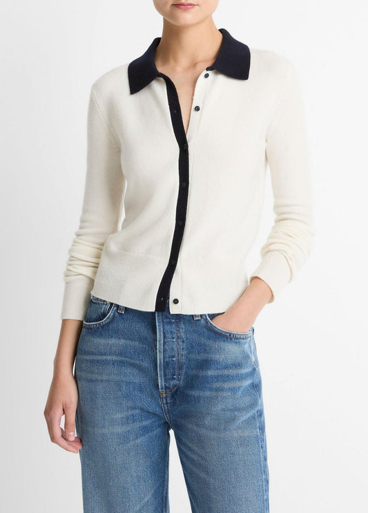 VINCE Contrast-Trim Wool & Cashmere-Blend Collared Cardigan in Cardigans