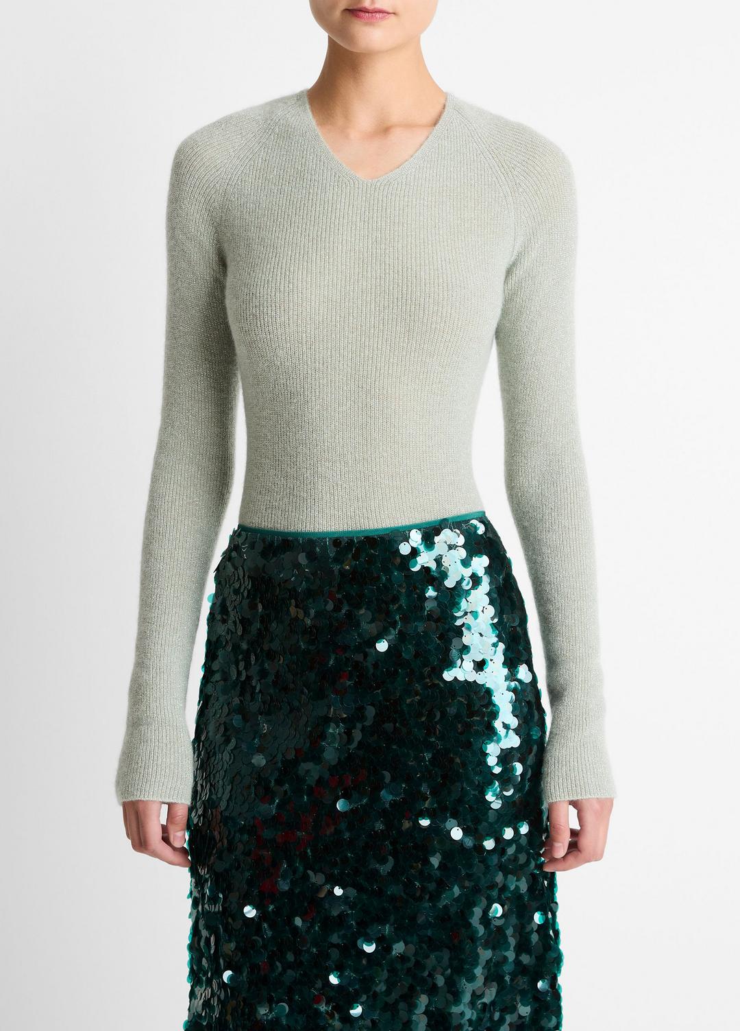 VINCE Metallic Ribbed High V-Neck Sweater in V-Neck