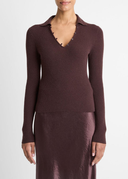 VINCE Ribbed Cashmere-Silk Polo Sweater in Cashmere