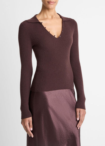 VINCE Ribbed Cashmere-Silk Polo Sweater in Cashmere