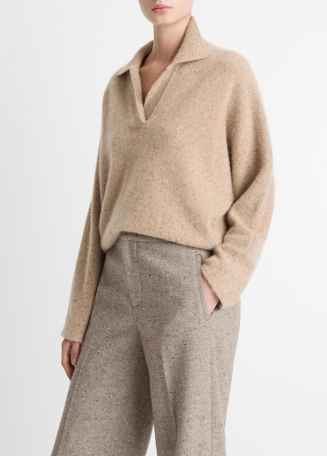 VINCE Donegal Plush Cashmere Dolman-Sleeve Polo Sweater in Cashmere