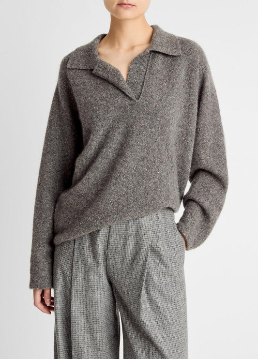 VINCE Donegal Plush Cashmere Dolman-Sleeve Polo Sweater in Cashmere