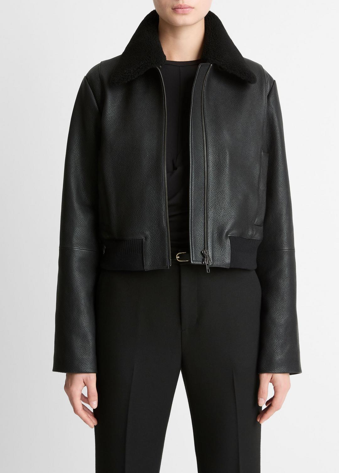 VINCE Shearling-Trim Shrunken Leather Jacket in Leather Jackets