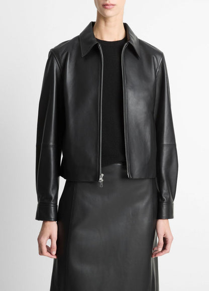 VINCE Leather Cropped Zip-Front Jacket in Jackets
