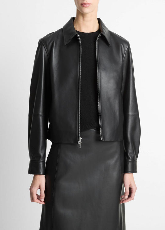 VINCE Leather Cropped Zip-Front Jacket in Jackets